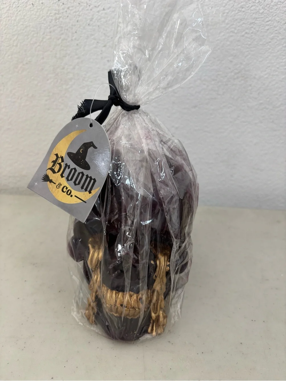 New - Dark Brown Skull Candle with Gold Drip Accent